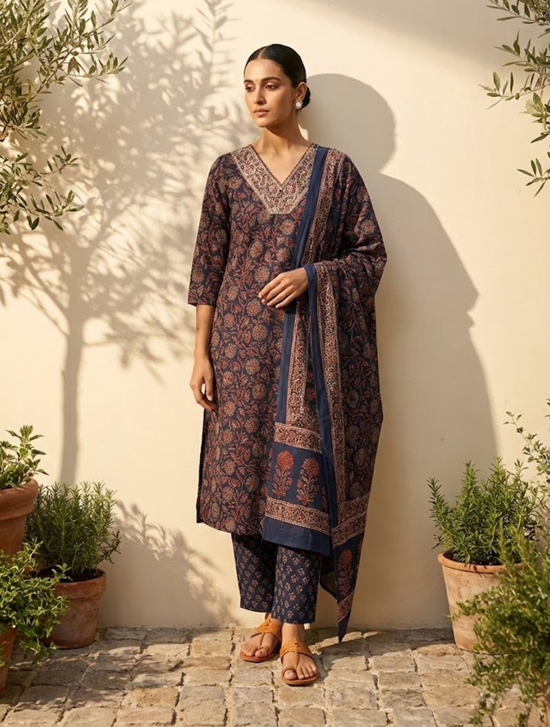 trueBrowns Blue Floral Print Embroidered V-Neck Kurta Pant Dupatta Set - Image 1